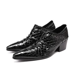 Classic Black Lacquer Leather Men Mid Heel Oxfords Shoes Party Prom Business Formal Shoes Plus Size Slip on Wedding Dress Shoes