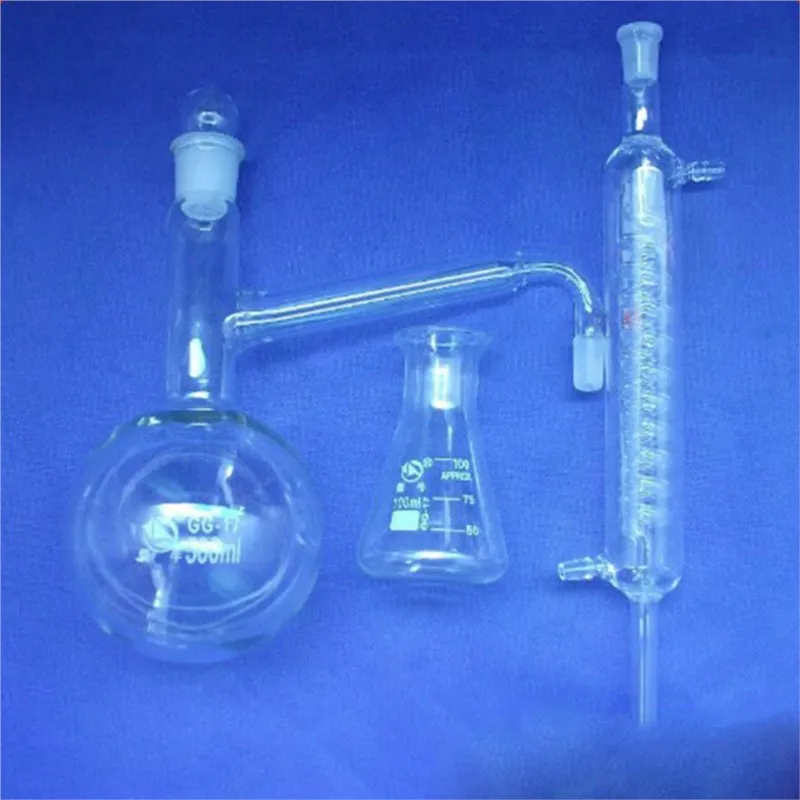 100/250/500ml Distiling Apparatus with ground glass joints Glass distillation flask+graham condenser+conical flask