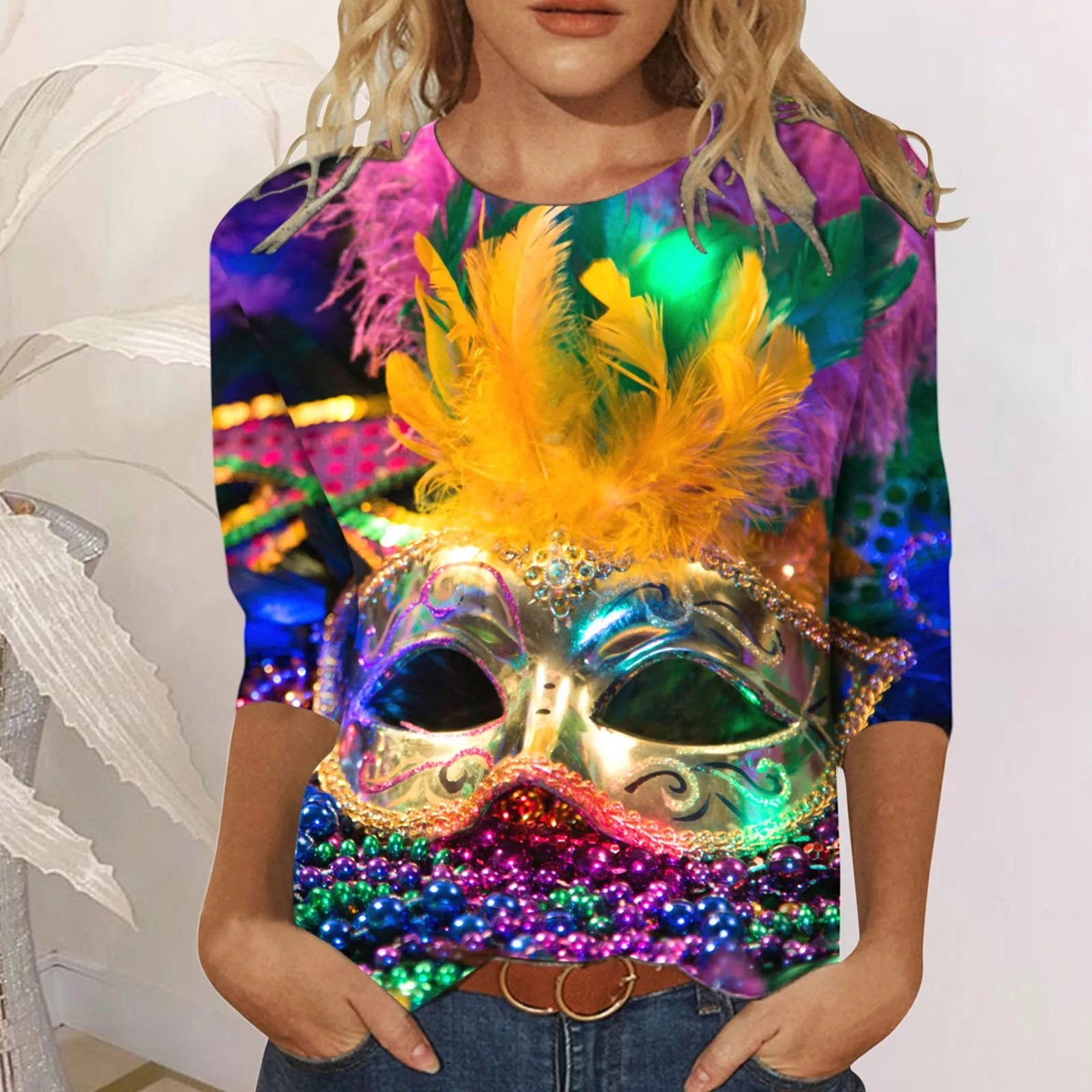 Womens Three Quarter Sleeve Mardi Gras T-Shirt Carnival Graphic T Shirts Mardi Gras Mask Print Tees Tops Haut Femmes