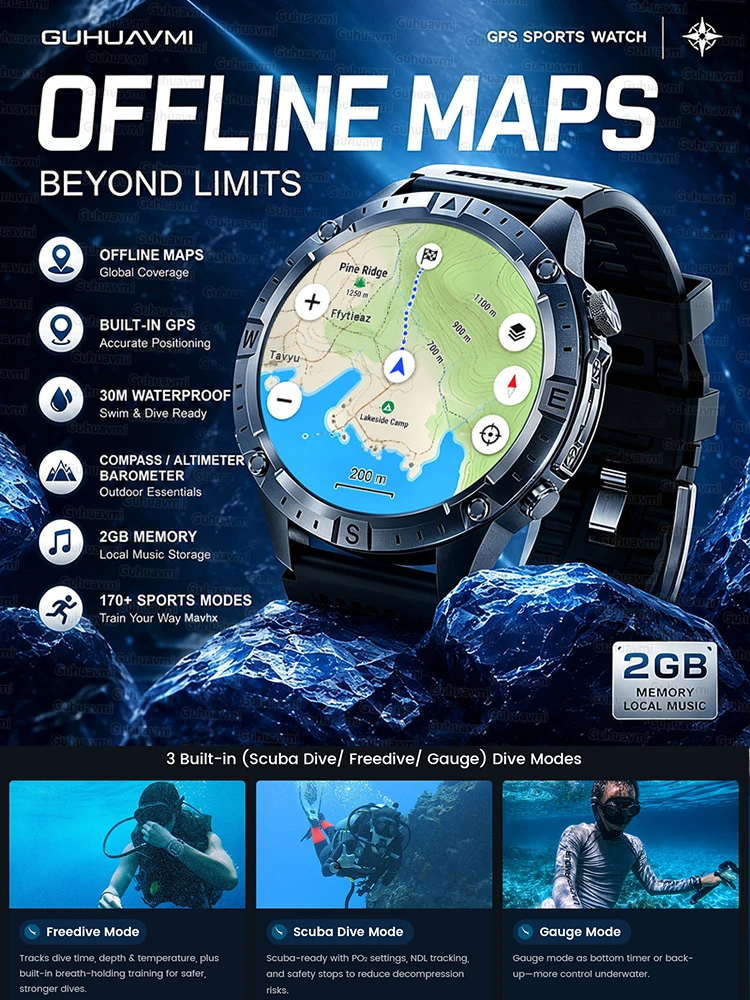 2026 neue Outdoor-Leader-Smartwatch für Herren mit GPS, 1,43 Zoll AMOLED HD, Bluetooth-Anruffunktion, Kompass, Taschenlampe, 3ATM wasserdicht, Fitness-Smartwatch, 2G-Speicher, weltweit kompatibel,