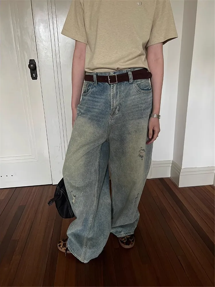

Retro American Waed Jeans Straight Leg Wide Leg Loose Casual Pants ex Street Sle Lazy Feelings Versatile Loose Fit