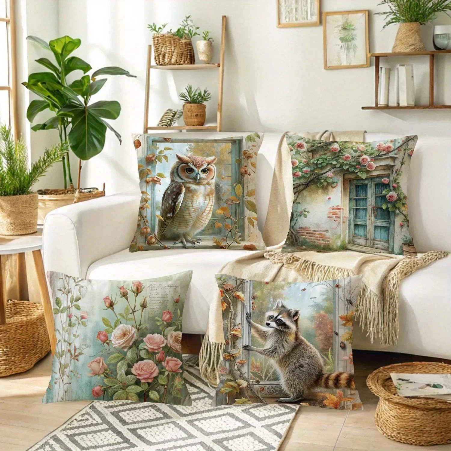 Vintage Floral Cottage Garden Owl Squirrel Throw Pillow Covers for Sofa Couch Home Decor Aesthetic18x18 inch