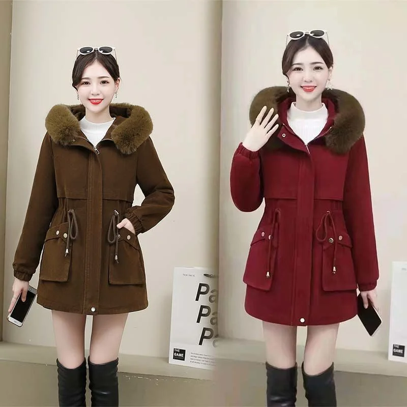2023 New Women Cotton Coat Winter Jacket Female Plush Thick Parkas Mid Length Version Outwear Artificial Fur Collar Overcoat