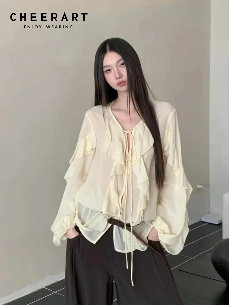 CHEERART Ruffles V Neck Tie Front Blouse For Woman Sheer Lantern Long Sleeve Top Fall Fashion Chiffon Blouses 2025 Clothing