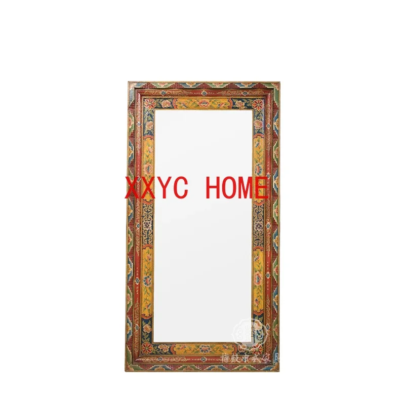 

New Chinese Style Ming-Qing Period Painted Antique Decorative Carving Flower Plate Mirror Solid Wood Hanging Mirror