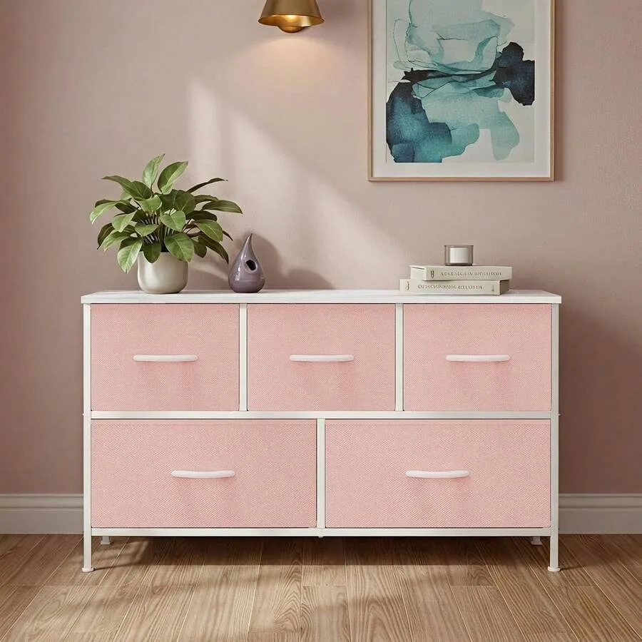 Sweetcrispy 5 Fabric Dresser With 5 Storage Drawers, TV Stand With Wooden Top Metal Frame For Clothes, Living Room, Hallway, En