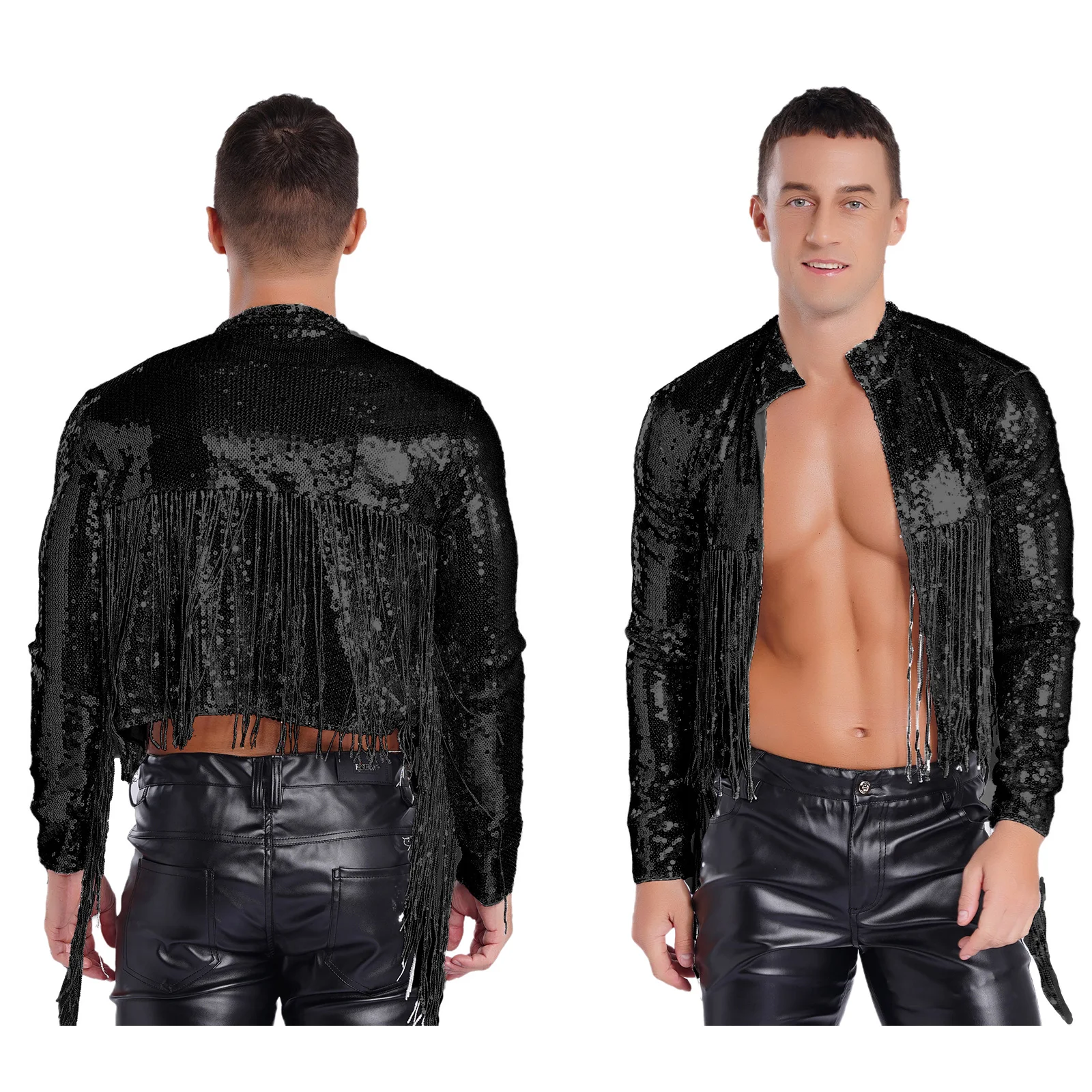 

Mens Ballroom Dance Costume Stand Collar Long Sleeve Open Front Crop Blazer Disco Outerwear Glittery Sequin Tassel Bomber Jacket