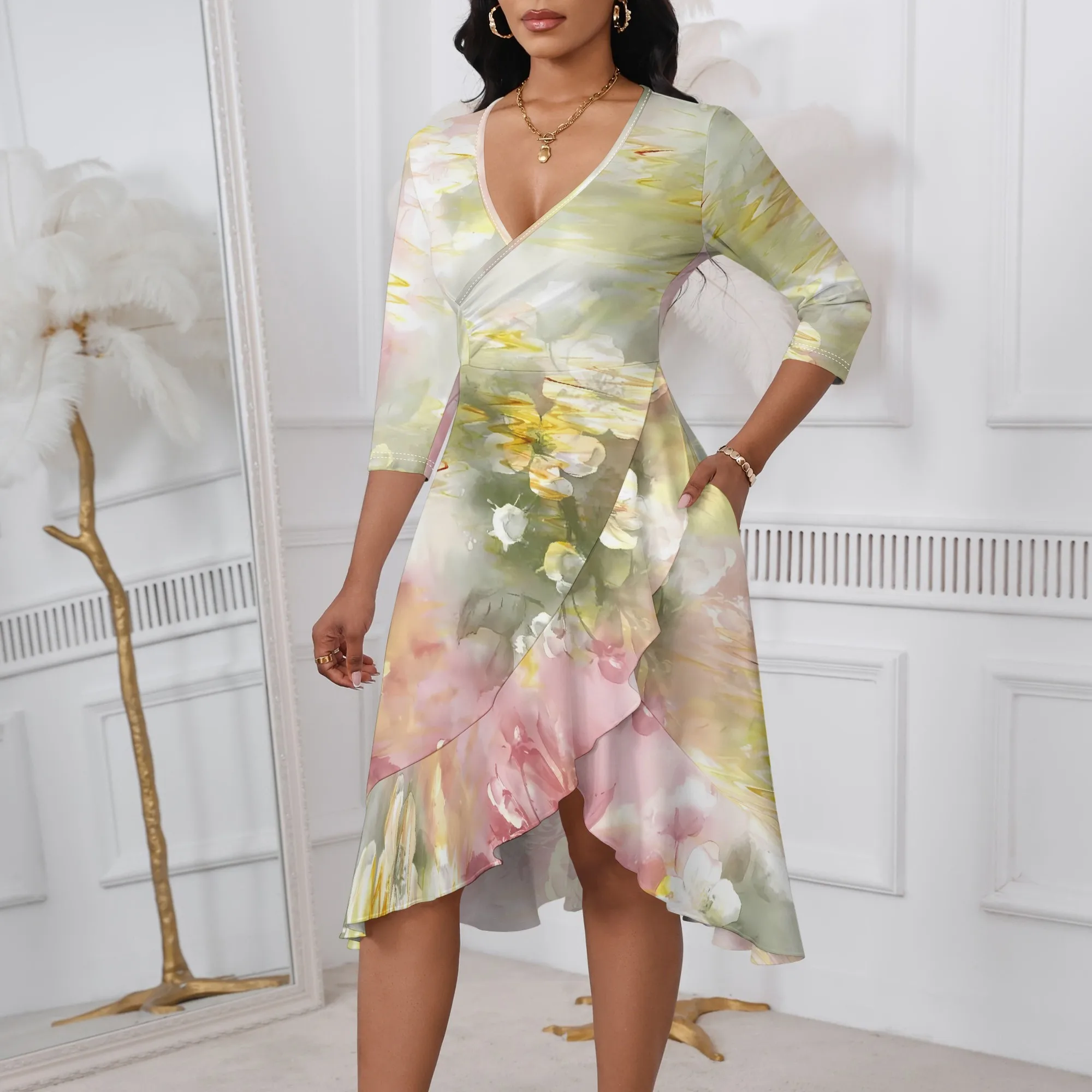 

Nupusa Elegant V Neck Wrap Dress Women 3/4 Sleeve Vintage Floral Print Summer Casual Midi Dresses