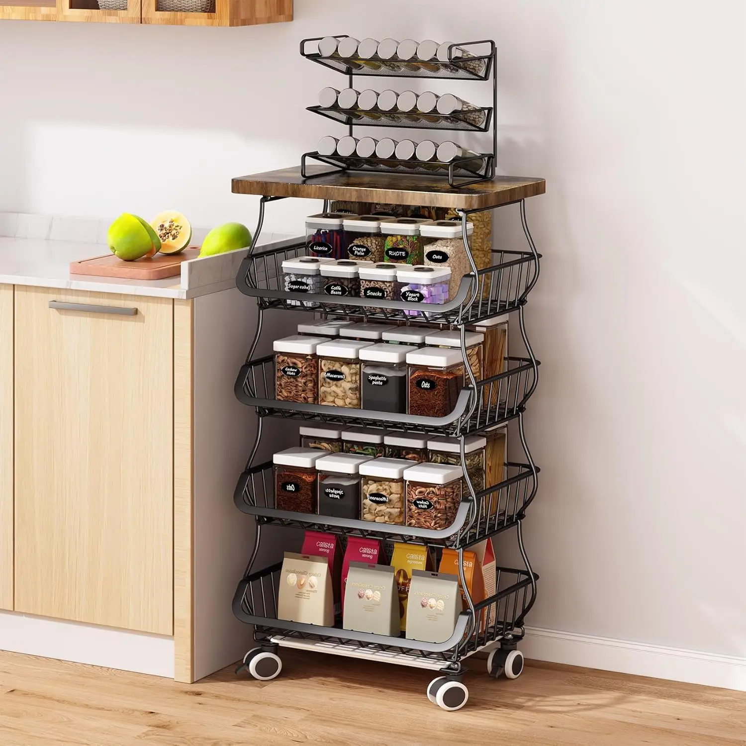 Fruit Basket Kitchen Pantry Organizers and Storage - Wooden Top Table, Stackable Metal Wire Basket Stand Cart