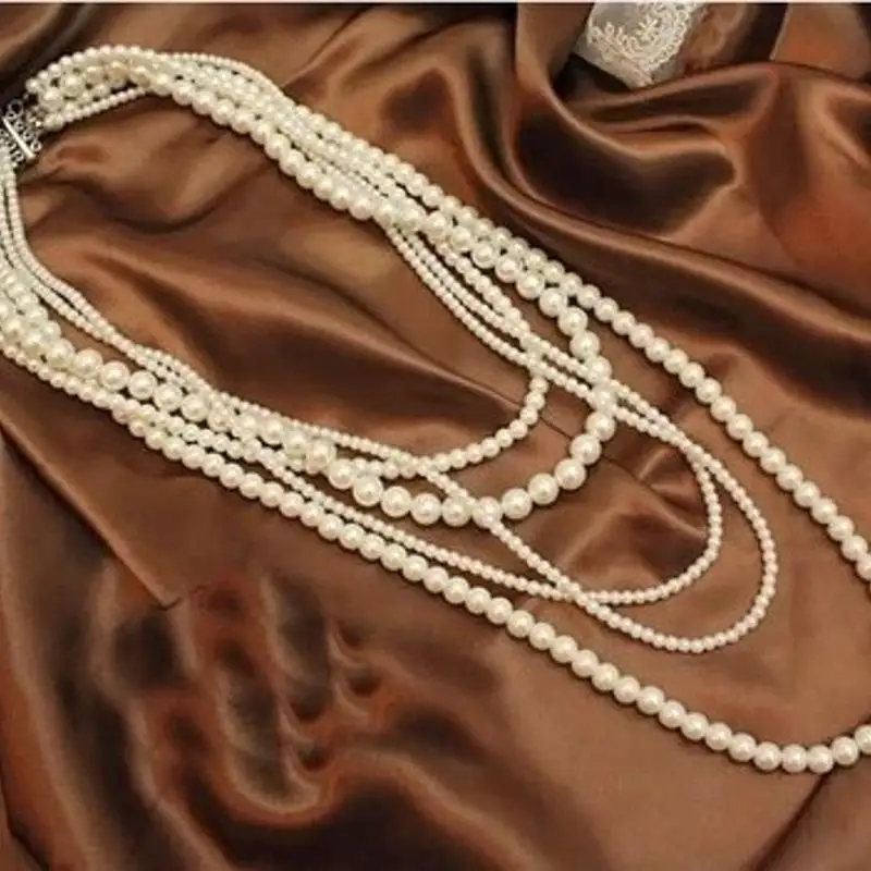 UILZ White Alloy Imitation Pearl Necklaces For Women Fashion 3 Layer Double Button Necklace Evening Party Jewelry