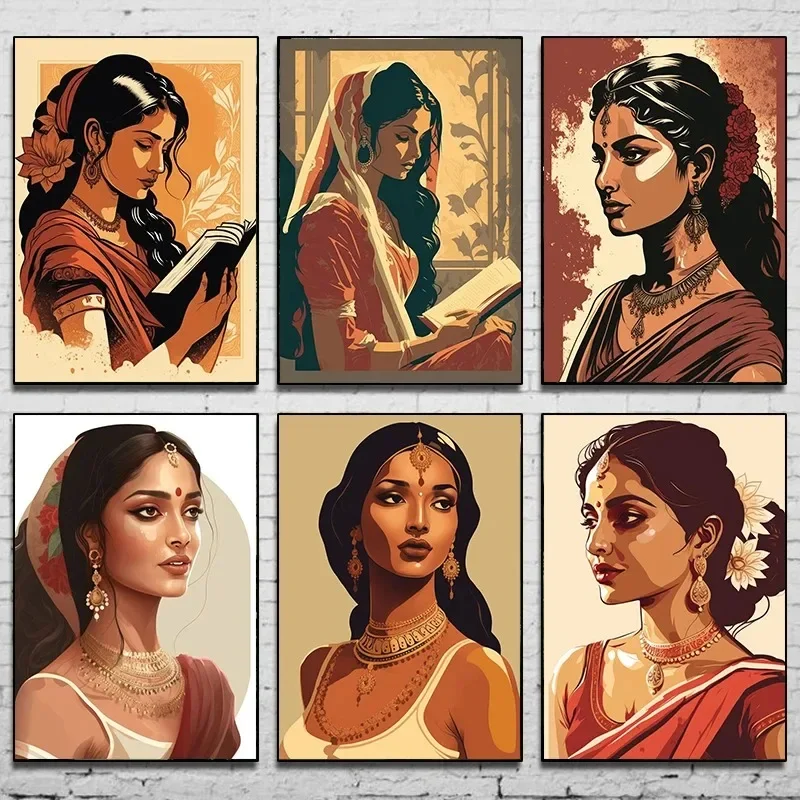 جنوب آسيا الهندي النساء السود المشارك فتاة التاميل الحد الأدنى الرسم على لوحات القماش الجدارية الملصقات لغرفة المعيشة ديكور المنزل الحديث