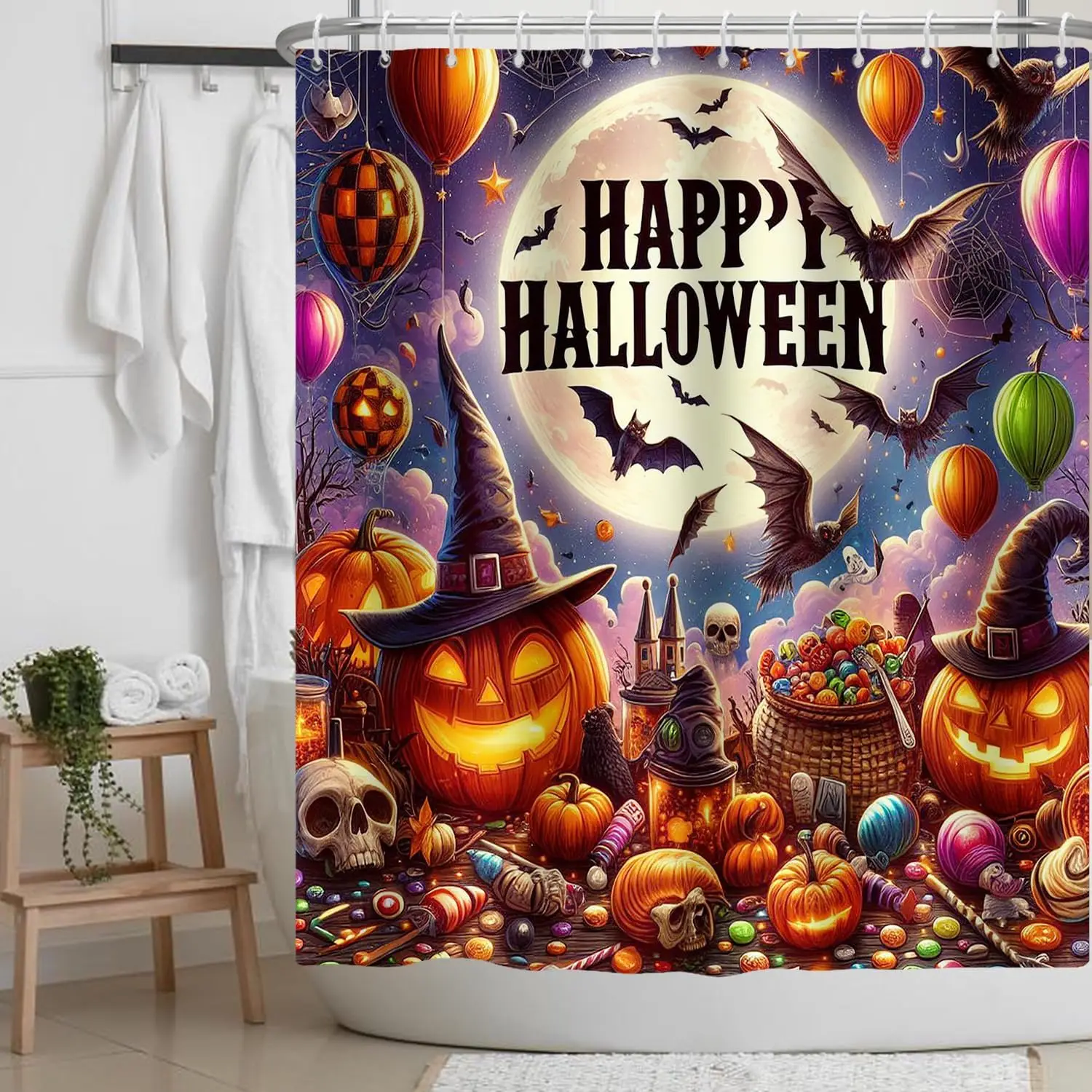 

Занавеска для душа «Счастливый Хэллоуин» для детей, тыква, воздушный шар, конфеты, луна, череп, летучая мышь, паутина, тканевый душ с героями мультфильмов на Хэллоуин