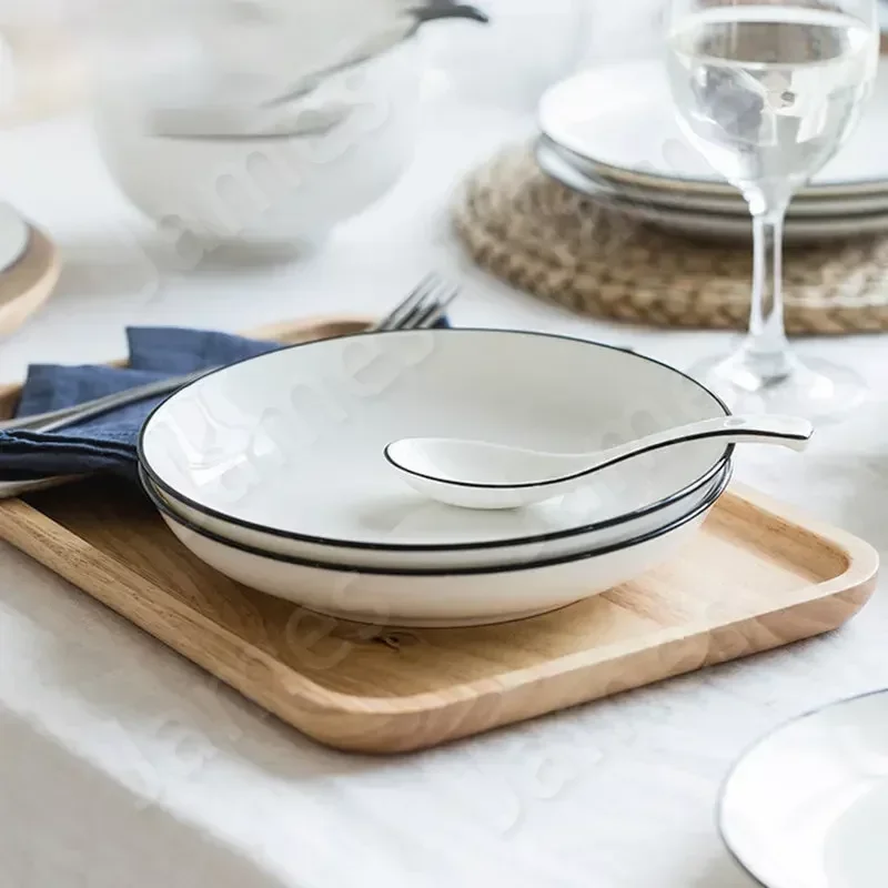 Simple Solid Color Dinner Plate Black Line Ceramic Plates Steak Pasta Dishes Cake Dessert Salad Tableware Household Use Plates