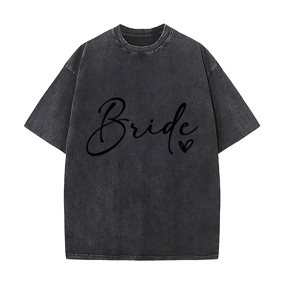 Bride Elegant Script Heart Wedding Typography Design Washed Short Sleeve Loose Streetwear Tee Hip Hop