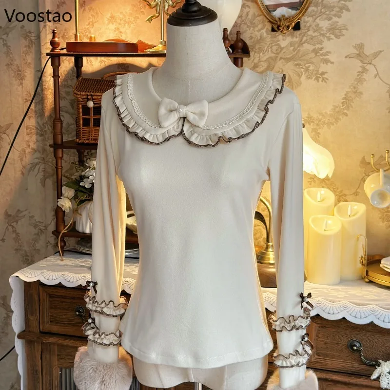 

Japanese Kawaii Lolita T-Shirts Women Sweet Ruffles Peter Pan Collar Plush Patchwork Bow Tees Girls Casual Y2k Long Sleeves Tops