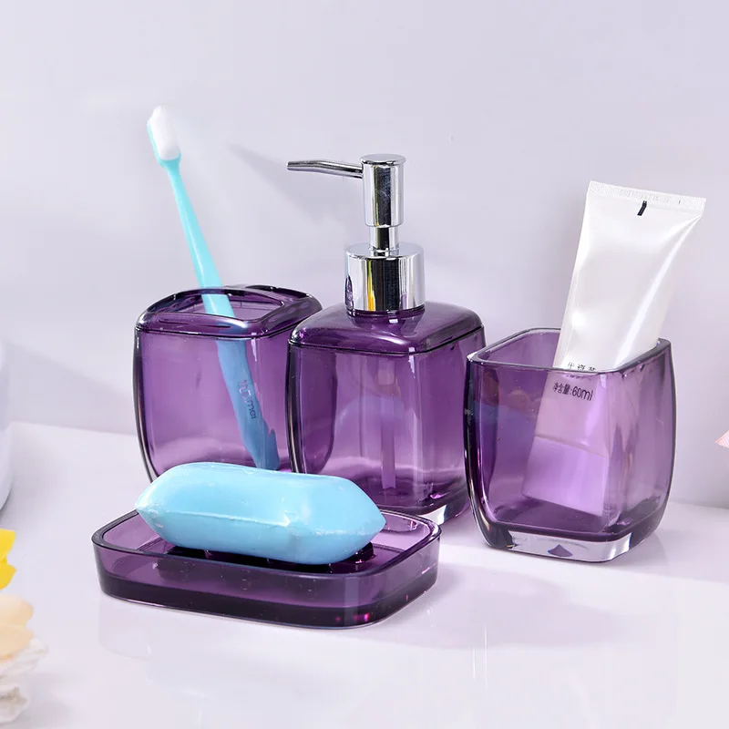 4Pcs/Set Purple Bathroom Accessories Set Toothbrush Holder Soap Dish Lotion Dispenser Mouthwash Cup #A