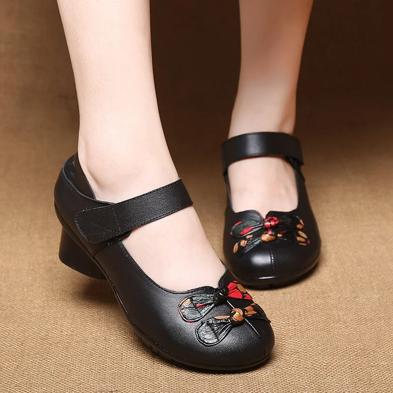 Plus Size 35-42 Geunine Leather Flats Woman Mom Ethnic Mary Jane Shoes Luxury Brand Mid-aged Chunky Heeled Pumps 2024 Spring New