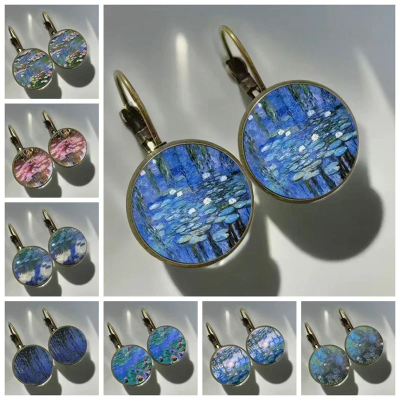 Monet Painting Earrings Monet Water Lily  Blue Oil Painting Art glass earrings Fashion Retro Women\'s Jewelry Earrings