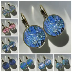 Monet Painting Earrings Monet Water Lily  Blue Oil Painting Art glass earrings Fashion Retro Women's Jewelry Earrings