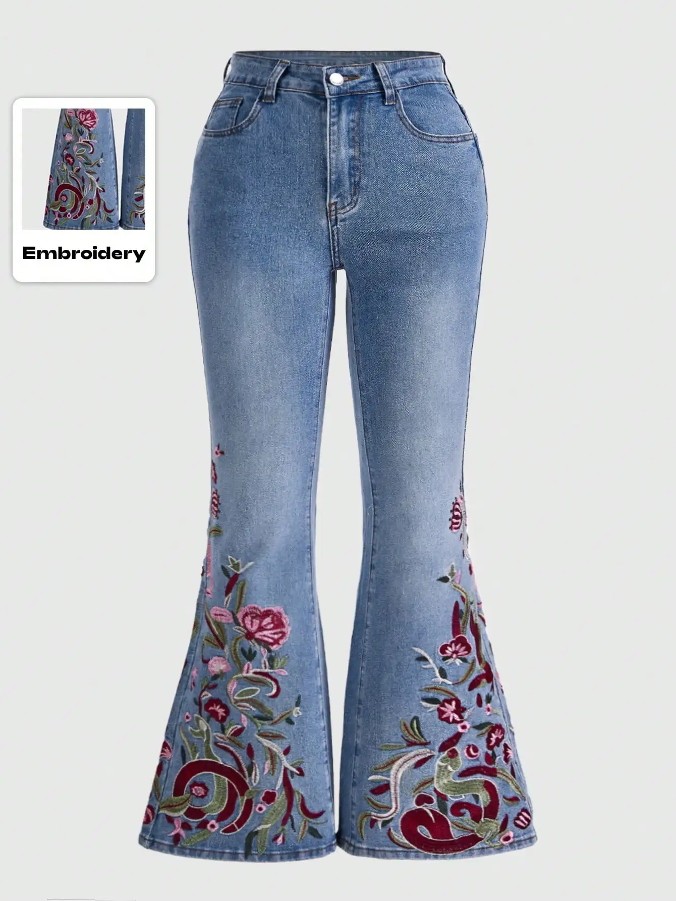 

Джинсы-клеш с вышивкой в стиле бохо для женщин, джинсовые брюки больших размеров с винтажными расклешенными штанинами