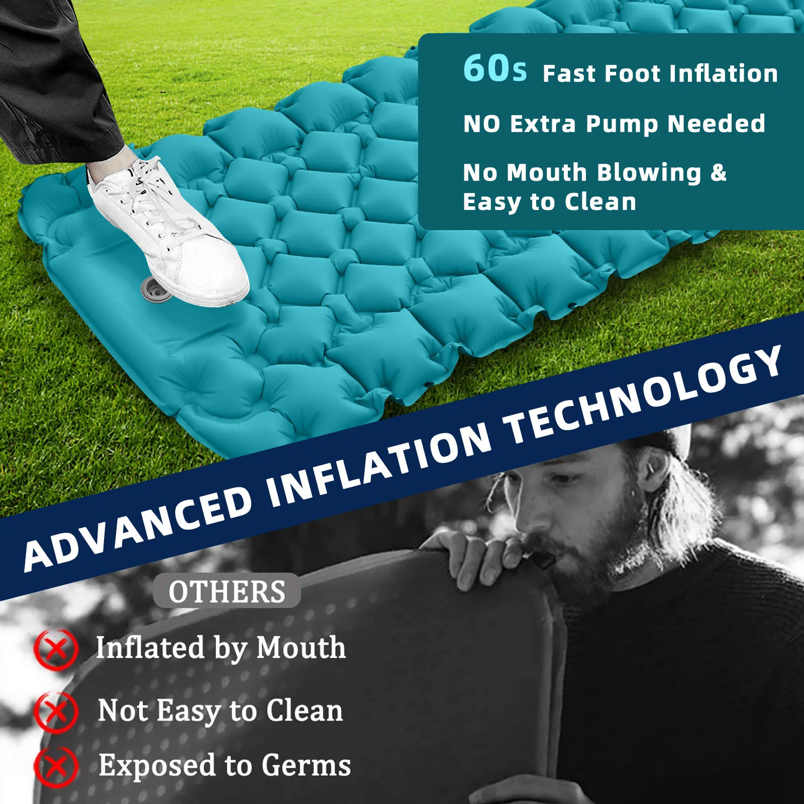 Upgraded Stratum Inflatable Sleeping Pad for Camping Hiking Outdoor Travel with Pillow Air Mattress Foot Pump for Tent Use