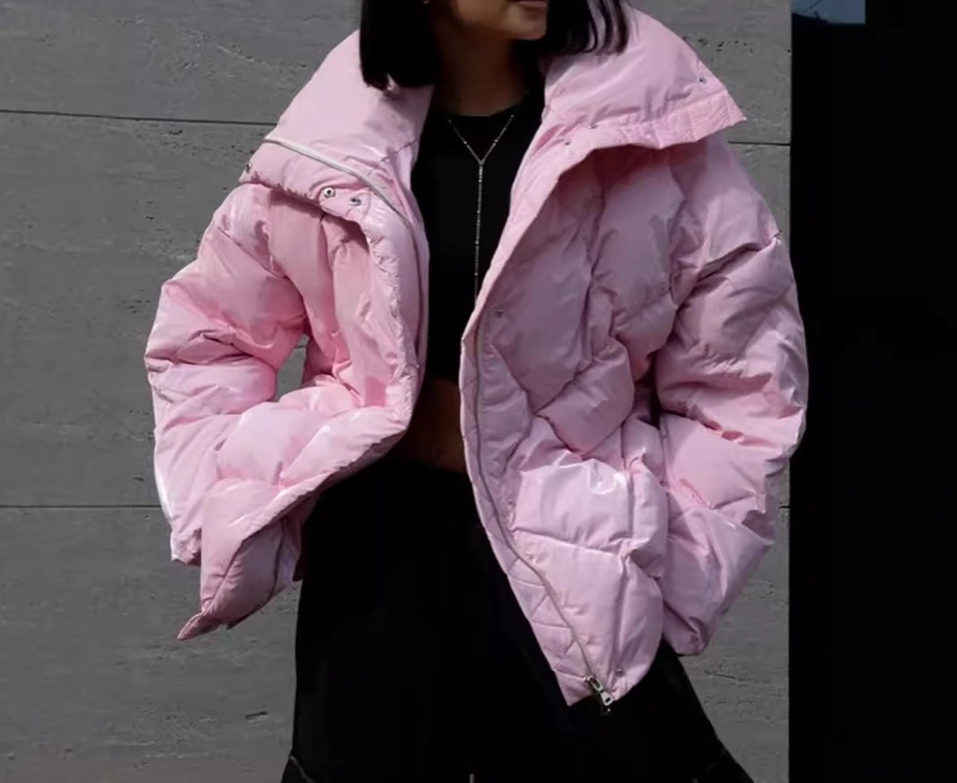 Lingge Cotton Jacket 2025 Autumn/Winter New Loose Jacket Matte Gloss Flip Collar Casual Jacket