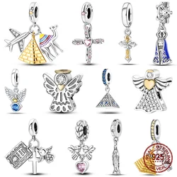 Hot Bible Cross Pink Zircon charms Fit Original 925 Bracelet DIY Jewelry Making Women's Gift 100% 925 Sterling Silver