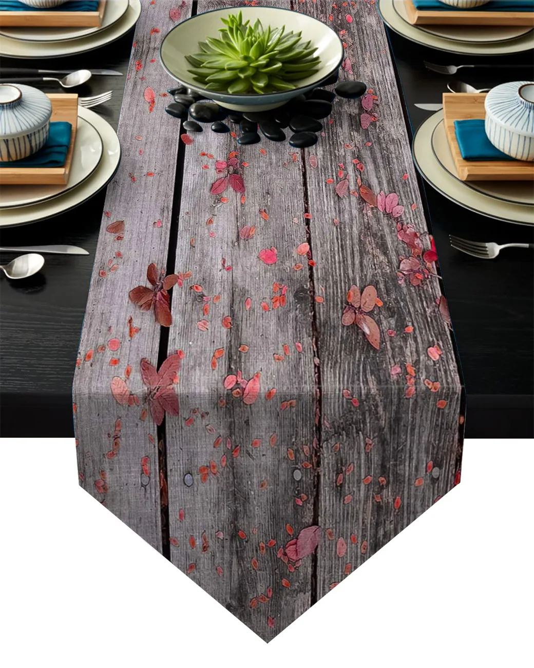 Modern Floral Tablecloth Red Leaves On Wooden Board Table Runner For Wedding Hotel Party Table Runners Home Decoration