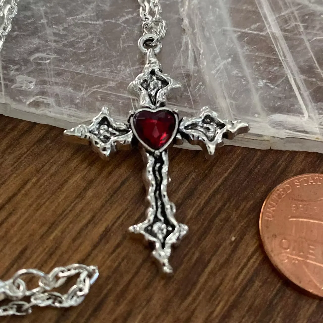Gothic Cross Pendant Necklace with Red Heart Crystal, Vintage Steampunk Choker Chain Jewelry for Women/Men Gifts