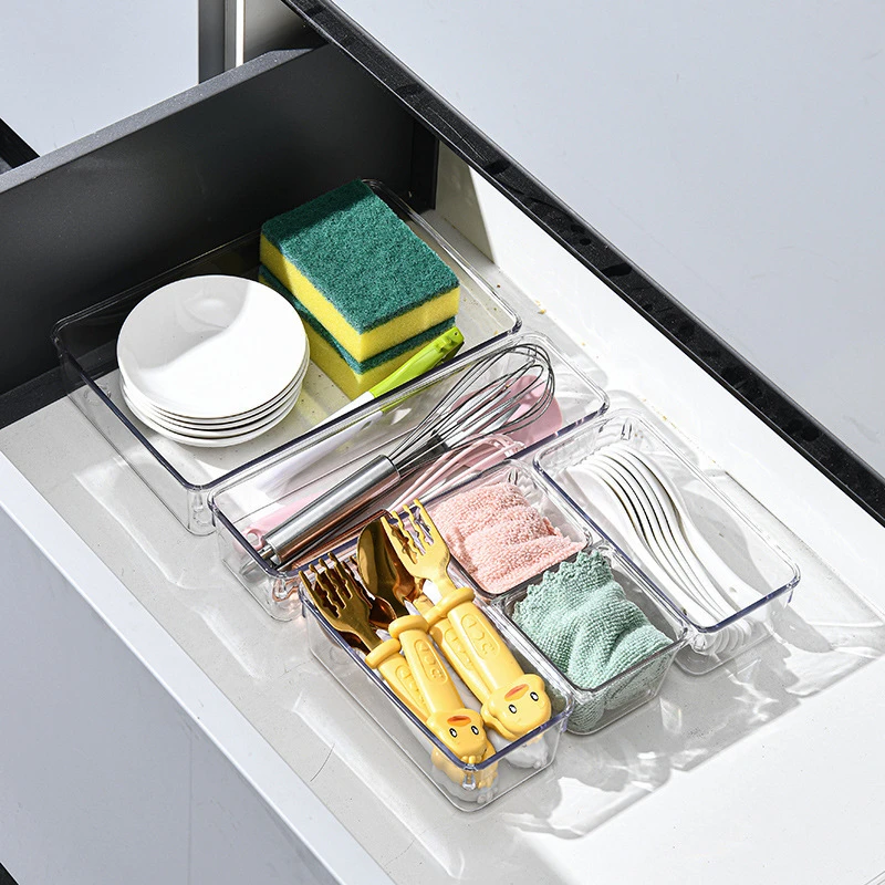 Transparent Storage Box Kitchen Spoon Chopstick Refrigerator Organizer Desk Plastic Container Drawer Table Jewelry Makeup Boxes