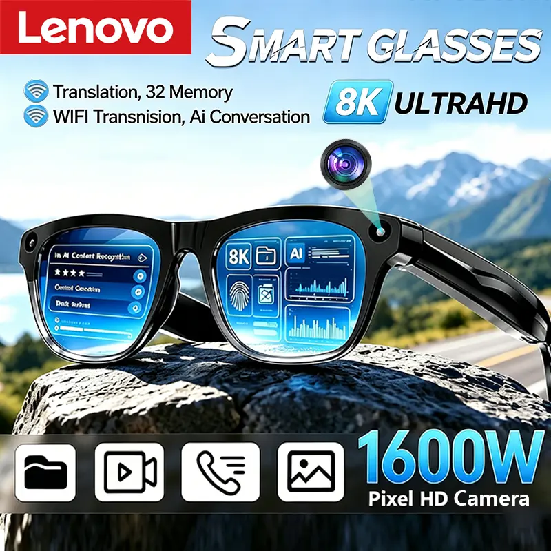 نظارات Lenovo الذكية بتقنية البلوتوث اللاسلكية، تحكم عن بعد 8K، كاميرا تصوير باللمس، تسجيل، مترجم، مساعد صوتي