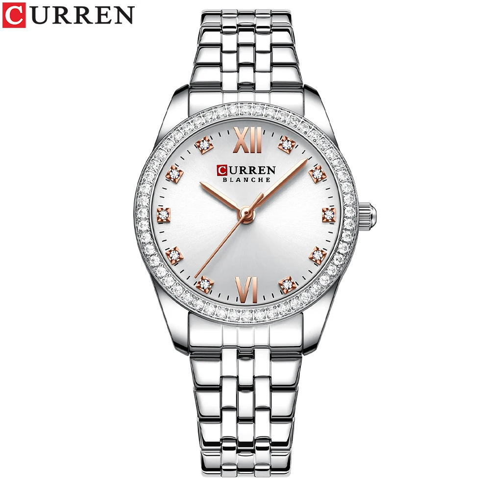 Curren klassische einfache Edelstahl Quarzuhren für Frauen Rose Zifferblatt mit Strass charmante Armbanduhren 10