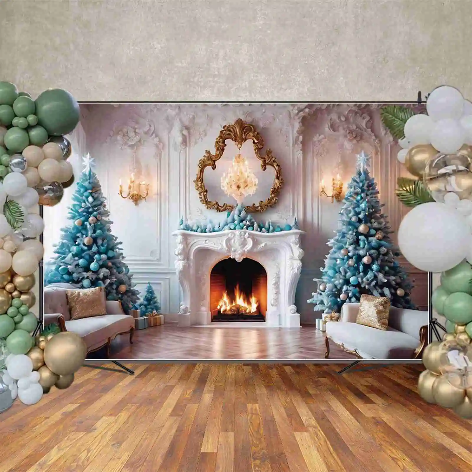 MOON.QG Christmas Party Photography Studio Background Ornamented Pine Tree Fireplace Photo Backdrop Children\'s Photoshoot Props