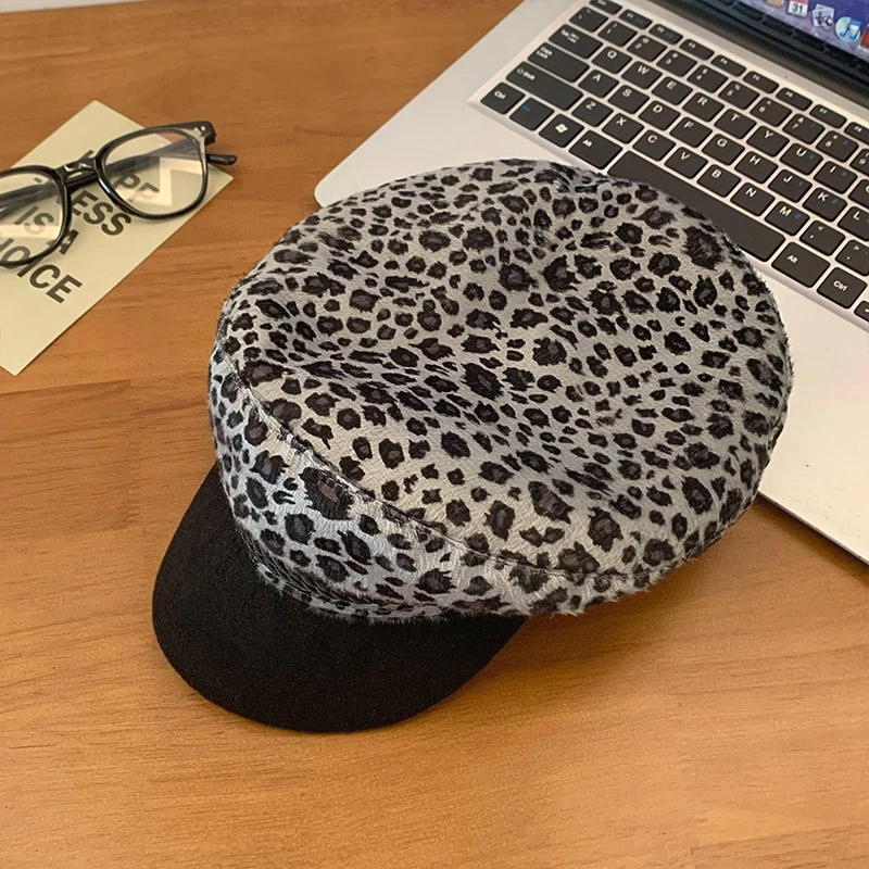 New Leopard Print Y2k Beret Women\'s Spring and Autumn Retro Personality Niche Big Head Sunshade Flat Top Octagonal Newsboy Cap