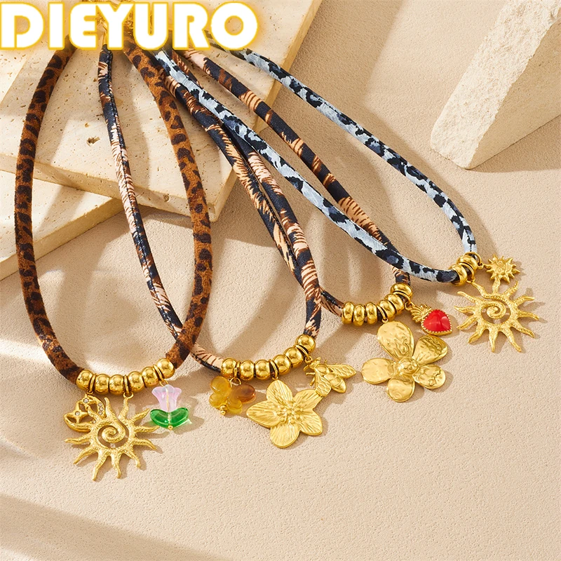 

DIEYURO 316L Stainless Steel Golden Flower Sun Heart Pendant Necklace Lady New Trend Fashion Leopard Print Rope Chain Jewelry