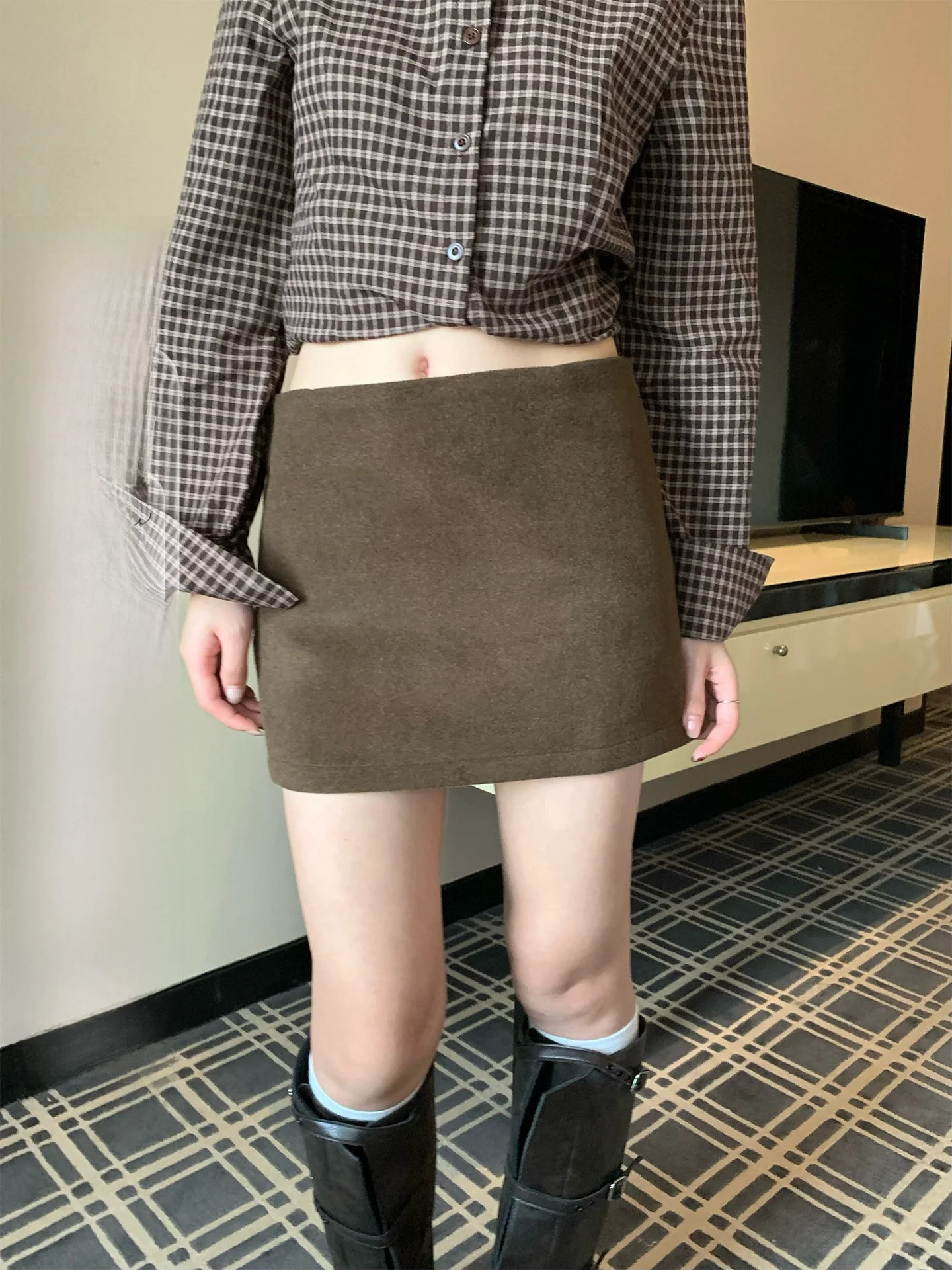 

High Waist A-Line Skirt Women's Korean Style Woolen Coffee Color Slimming Spring Summer Fashion Casual Skirt
