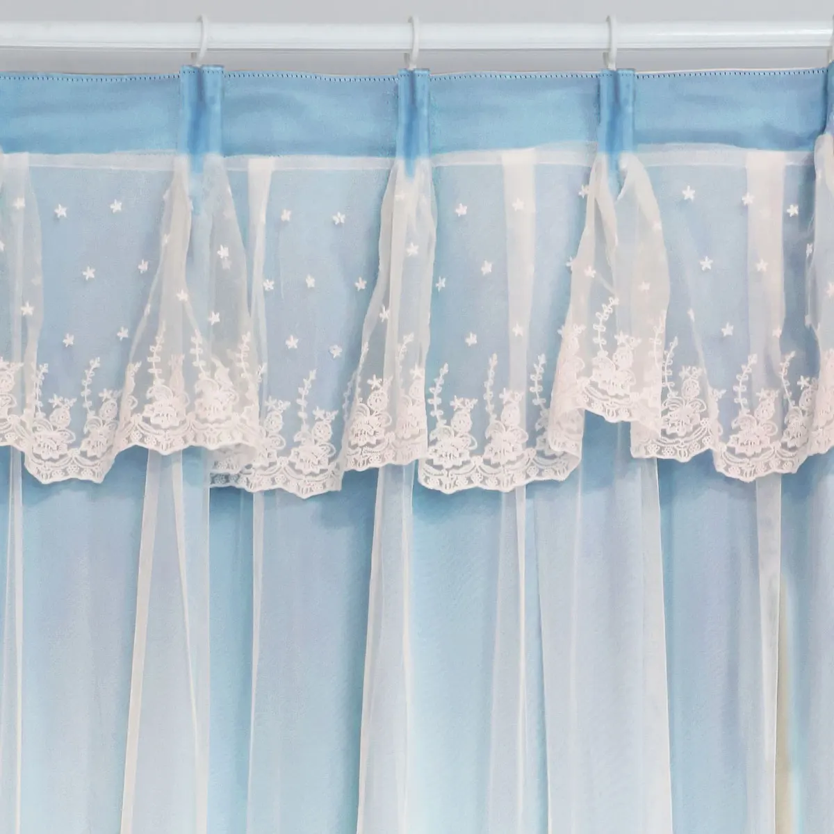 2 Panels Light Sky Blue Sheer Curtains with Lace Valance, Macaron Nordic Fresh Ins Style, Polka Dot Lace Light Filtering Window