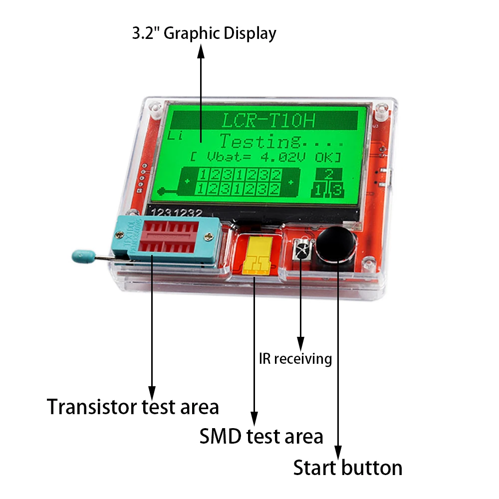 LCR-T10H TFT LCD 디스플레이 멀티미터 트랜지스터 테스터, 다이오드 트라이오드 캐패시터 저항 테스트 계량기, MOSFET NPN PNP 트라이액 MOS 테스터