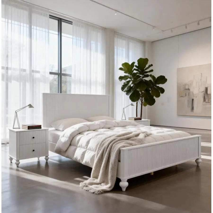 White Queen Size Bed Frame, Solid Wood and MDF, No Box Spring Needed, Classic Design with Grooved Panels Upholstered Platform