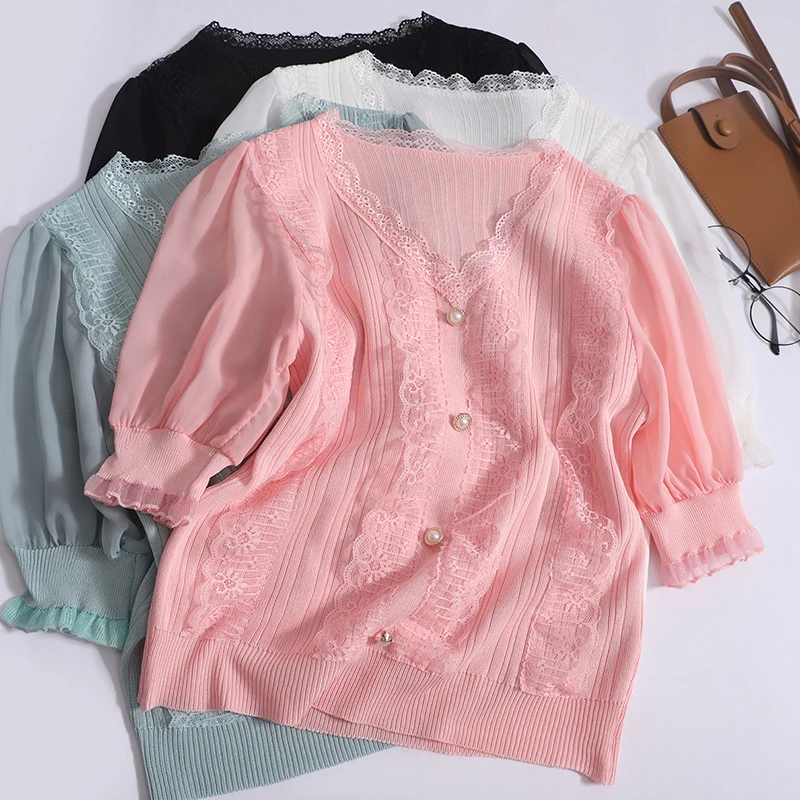 Spring Summer Thin Short Sleeved Chiffon Top Vintage V-neck Lace Pearl Buttons Top Rib Elastic Pleated Women Casual Office Shirt