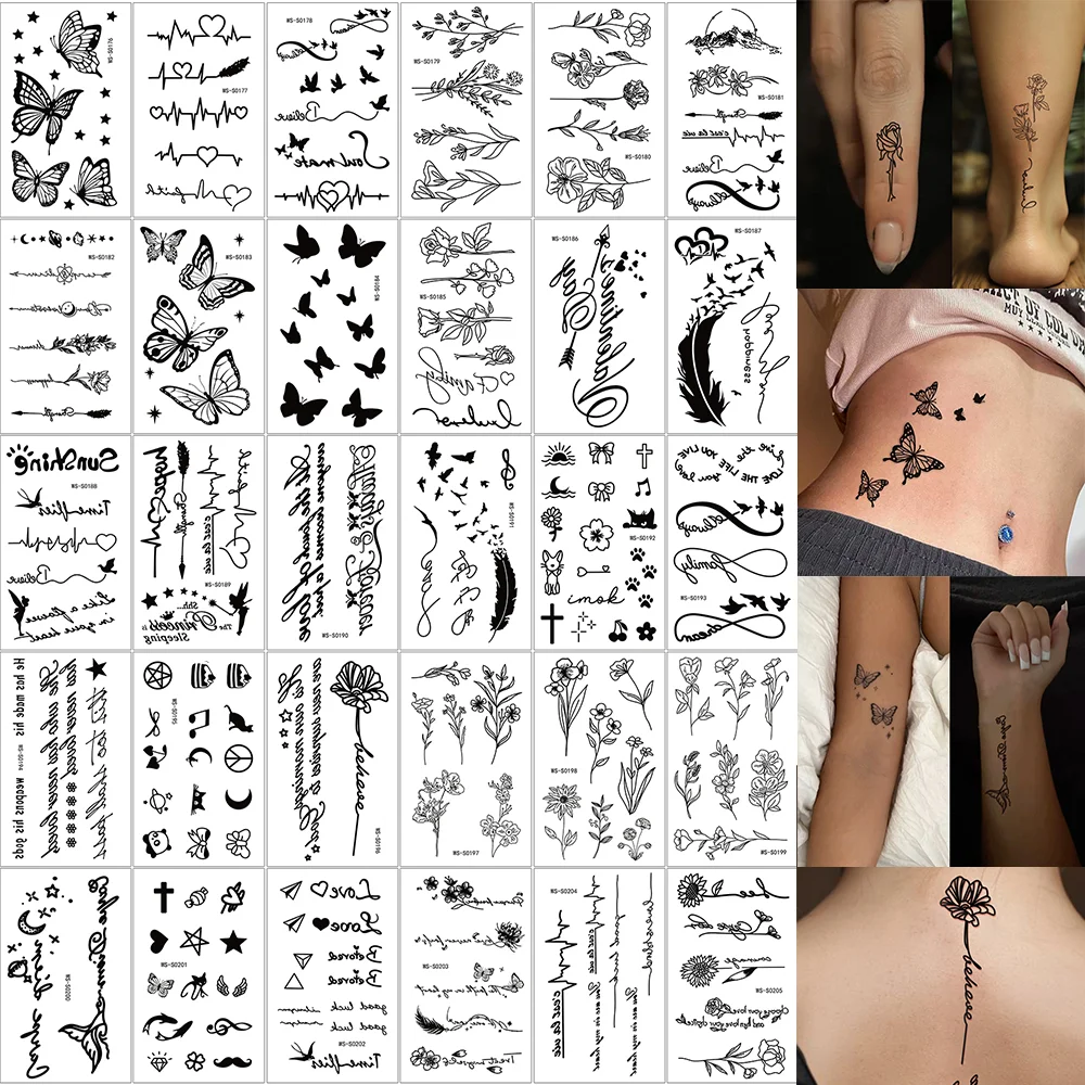 

30/35Pcs 3D Black Butterfly,Flowers Temporary Tattoo Stickers Lin/Leaf/Letter Sexy Tattoo for Body/Arm/Back/Foot Transfer Slider
