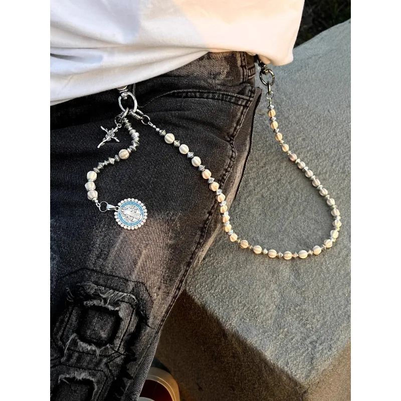 

KGSC Original Handmade American Crack Stone Bead Cleanfit Pants Chain Rose Cross Punk Style Jeans Accessories