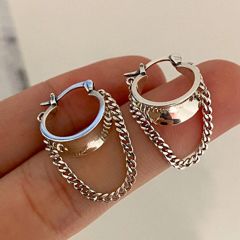 

Real 925 Sterling Silver Chain Tassel Hoop Earrings for Women Party Vintage Fine Jewelry Minimalist Accessories