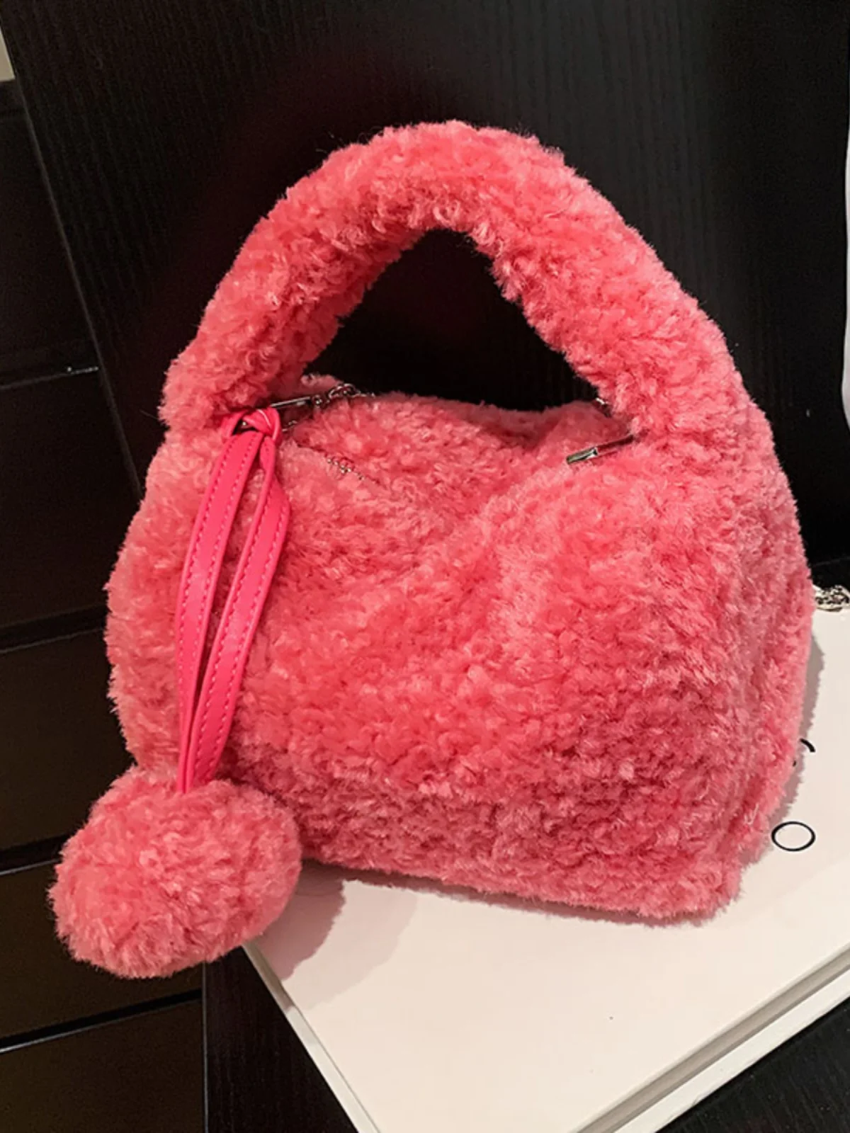 

Women Furry Bag for Winter Girl's Cute Bag with Hanging Ball Solid Color Square Shape Fashion Handbags for Spring Crossbody