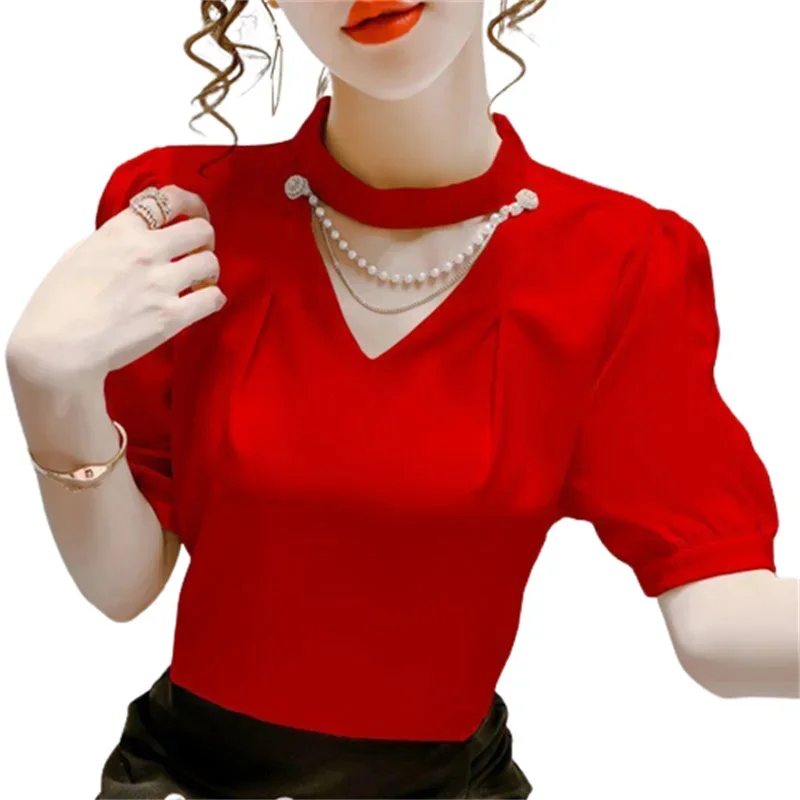 Women Summer Style Blouses Shirts Lady Fashion Casual Puff Short Sleeve Beading O-Neck Solid Pearl Blouses Tops