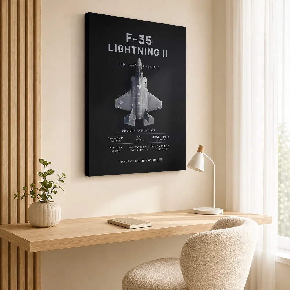 F35 Lightning II Top View Aircraft Wood Framed Canvas Print Personalized Photo Annotated Technical Linework Wall Art For Study