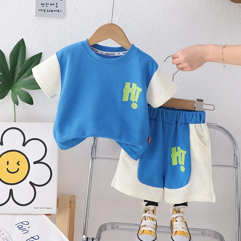 

Kids Summer Sets 2024 Baby Boy Clothes 9 To 12 Months Waffle Patchwork Letter Short Sleeve T-shirts + Shorts Children's Clothing