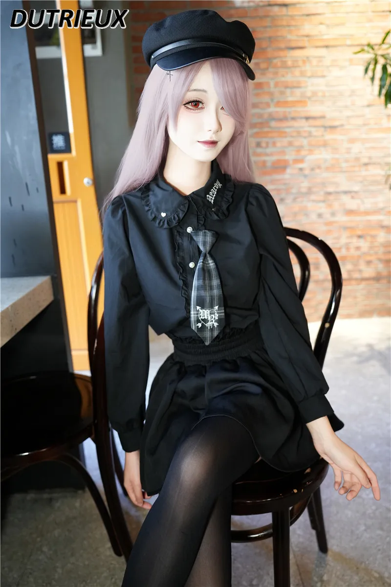 Camiseta de manga larga para mujer, top de estilo japonés, Color sólido, corbata bordada, bonita, informal, novedad de 2024