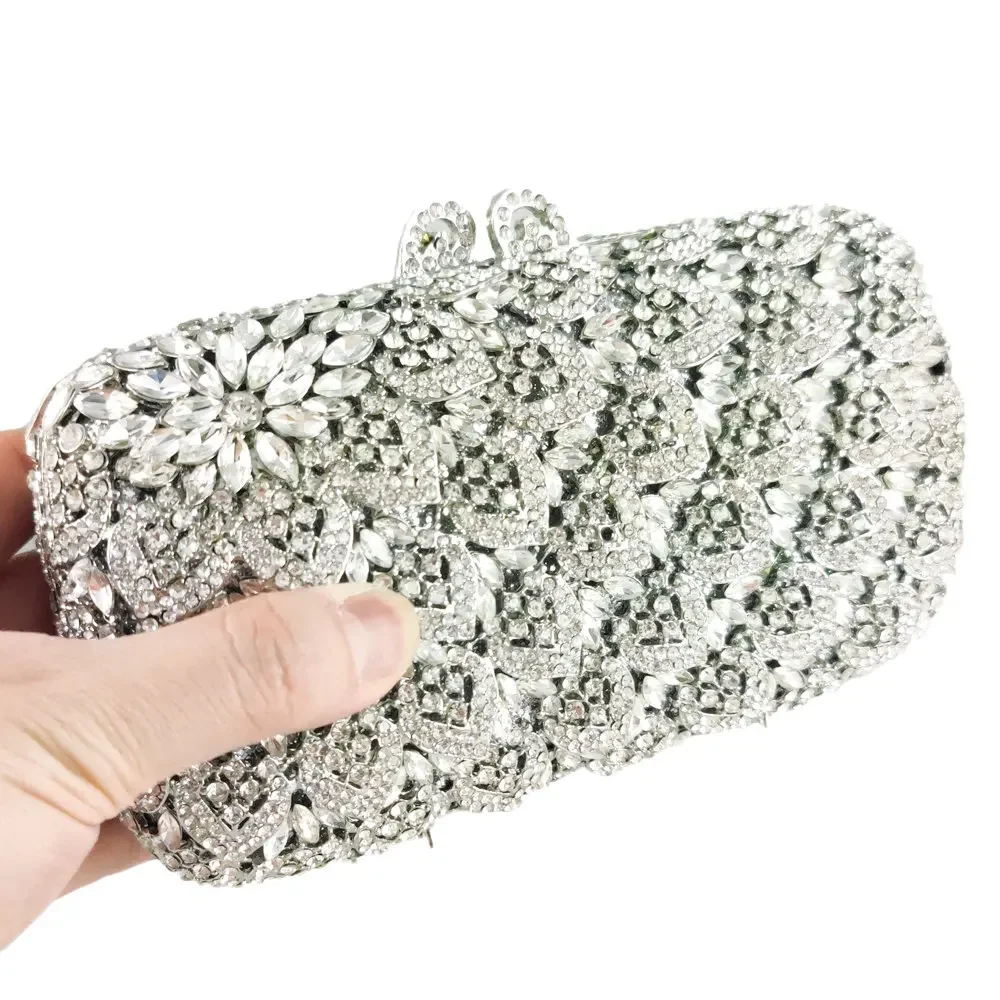 Boutique De FGG Silver Flower Clutch Women Crystal Evening Handbags Bridal Wedding Rhinestone Minaudiere Bag Formal Party Bags