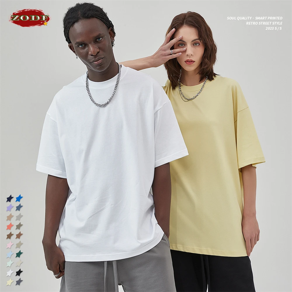 ZODF 2024 Spring Summer Men Solid 100% Cotton T-Shirts Unisex Women Loose 230gsm Noshrink Basic T Shirt Brand Tops HY0151